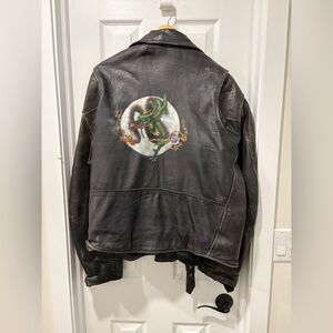 Vintage Black Leather motorcycle Jacket with Dragon Airbrush Mens L distressed